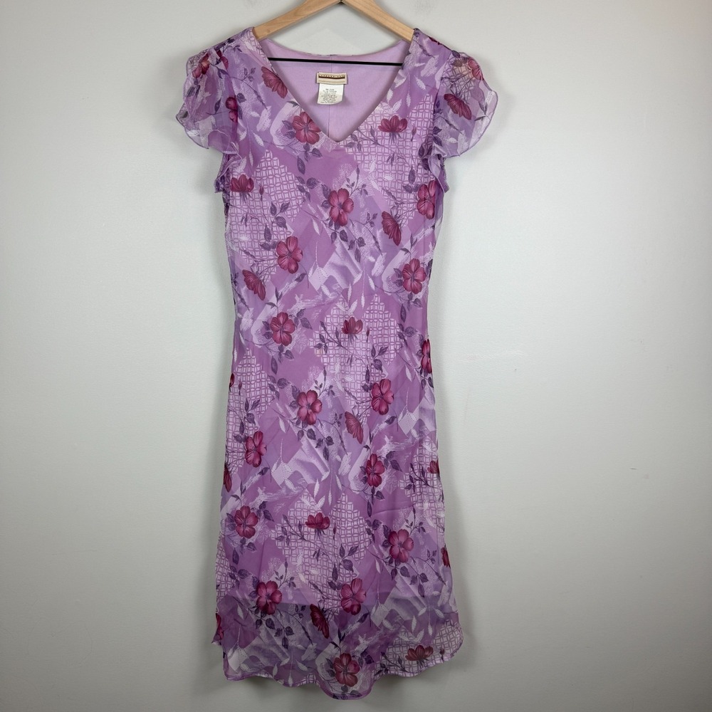 Vtg Expressions‎ Dress 12 Purple Pink Floral Fairy Flutter Sleeve Cottage Y2K